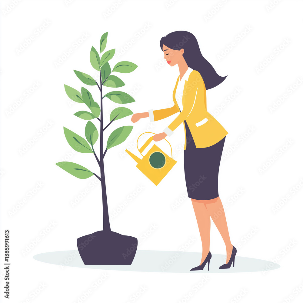 Flat vector design of a woman in yellow jacket watering a potted plant, representing business nurturing, strategic growth, and leadership.
