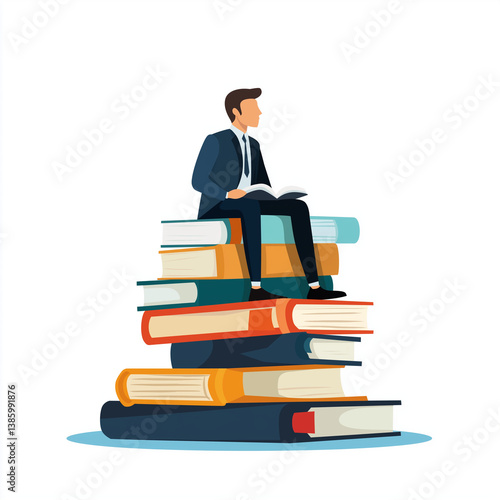 Flat vector illustration of a businessman reading a book while sitting on a tall stack of books, portraying professional learning.