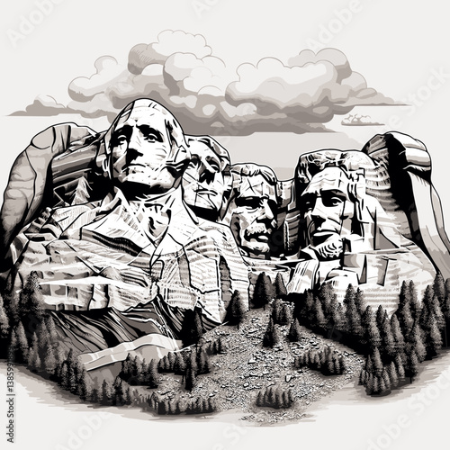 Mount Rushmore. Mount Rushmore hand-drawn comic illustration. Vector doodle style cartoon illustration