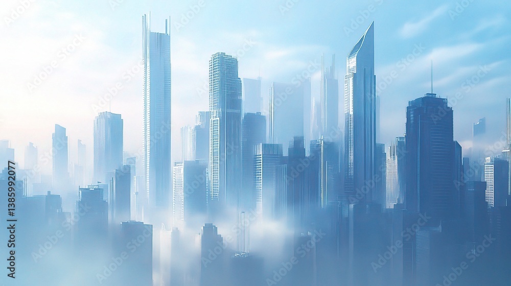 Modern Urban Construction Blueprint with Foggy Skyline Integration Modern Urban Construction Blueprint with Foggy Skyline Integration