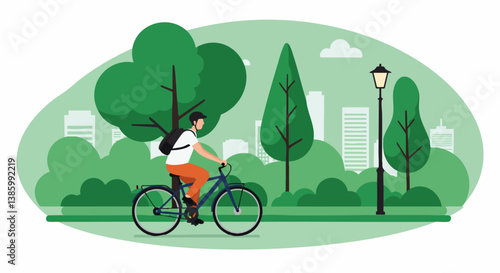 A young man cycles through a park on a sunny day. Trees and a cityscape backdrop create a vibrant, healthy lifestyle scene. Ideal for eco-friendly concepts.