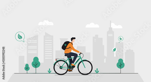 A young man cycles through a city, promoting eco-friendly transportation. Bright, modern cityscape backdrop with green accents. Ideal for sustainability concepts.