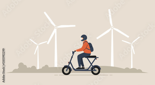 A man on an electric scooter rides past wind turbines. Clean, modern illustration depicts sustainable transportation and renewable energy. Ideal for eco-conscious concepts.