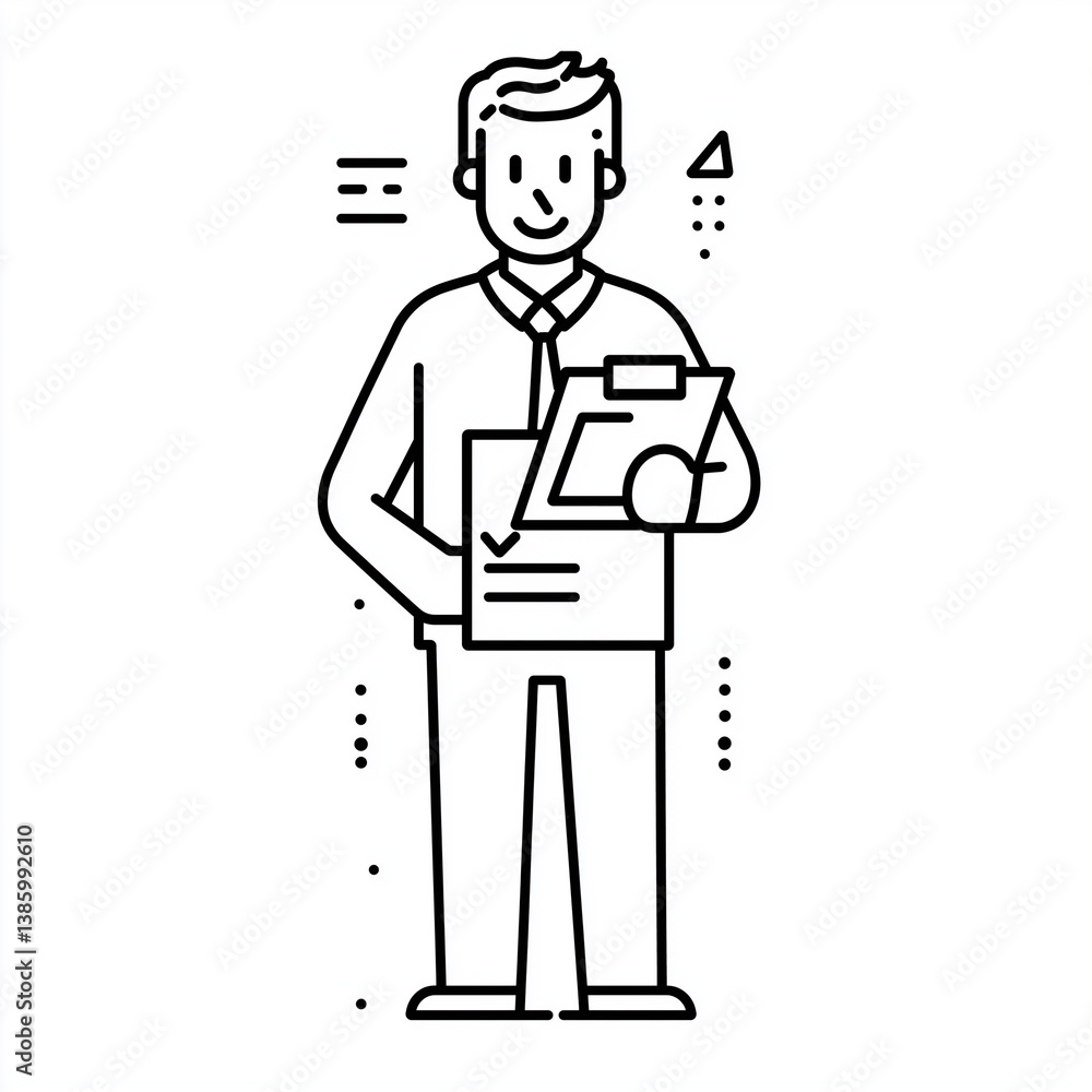 Outlined business character holding multiple documents, expressing focus, productivity, and professional organization in a modern work style.