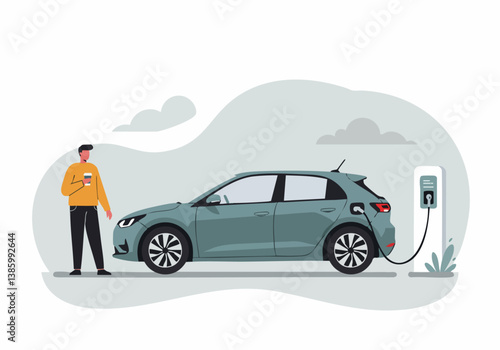 Man stands next to an electric car plugged into a charging station. Modern, clean illustration depicts sustainable transportation and eco-friendly lifestyle.