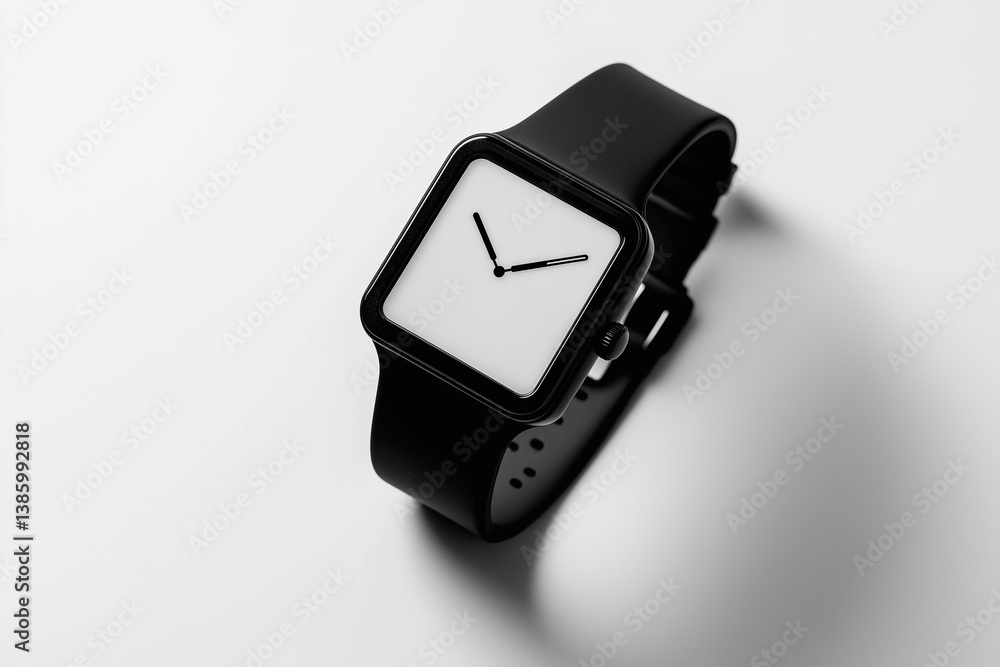 Stylized minimalist digital watch with blank square face and black strap on a light background — ideal for branding, mockups, or tech UI designs.