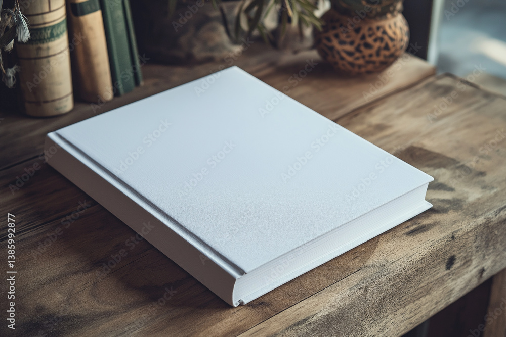 Blank white hardcover book resting on a rustic wooden table, surrounded by books and natural decor — perfect for editorial or print mockups.