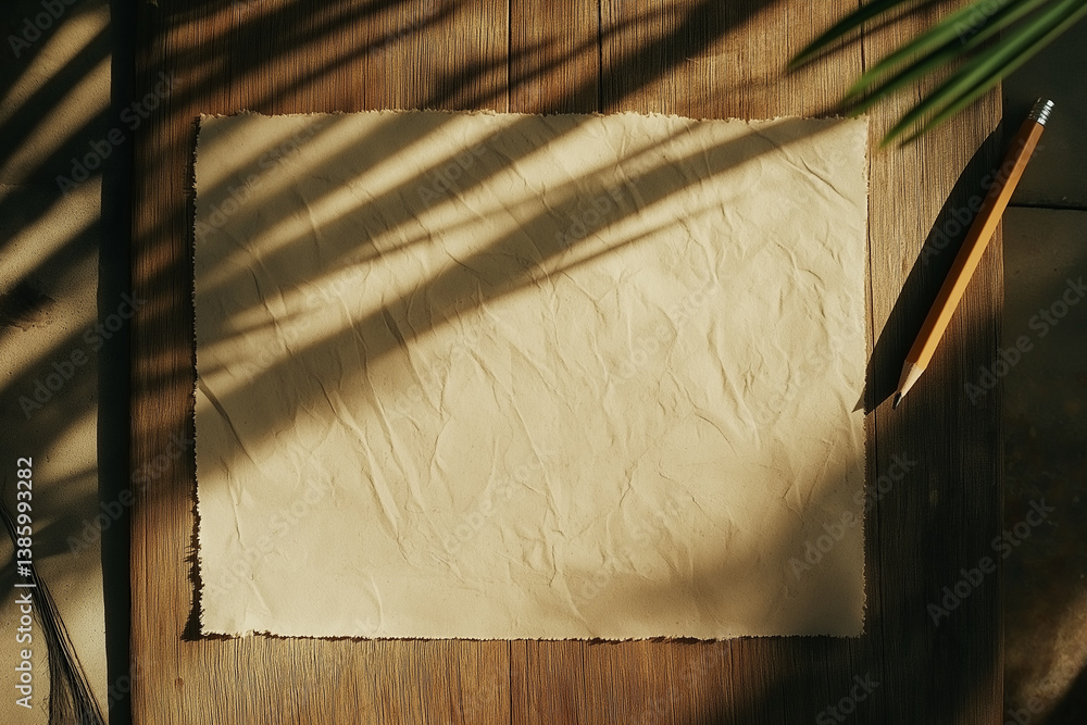 Vintage-style blank piece of paper on a wooden surface with strong sunlight and pencil — perfect for creative writing, branding, or stationery design.