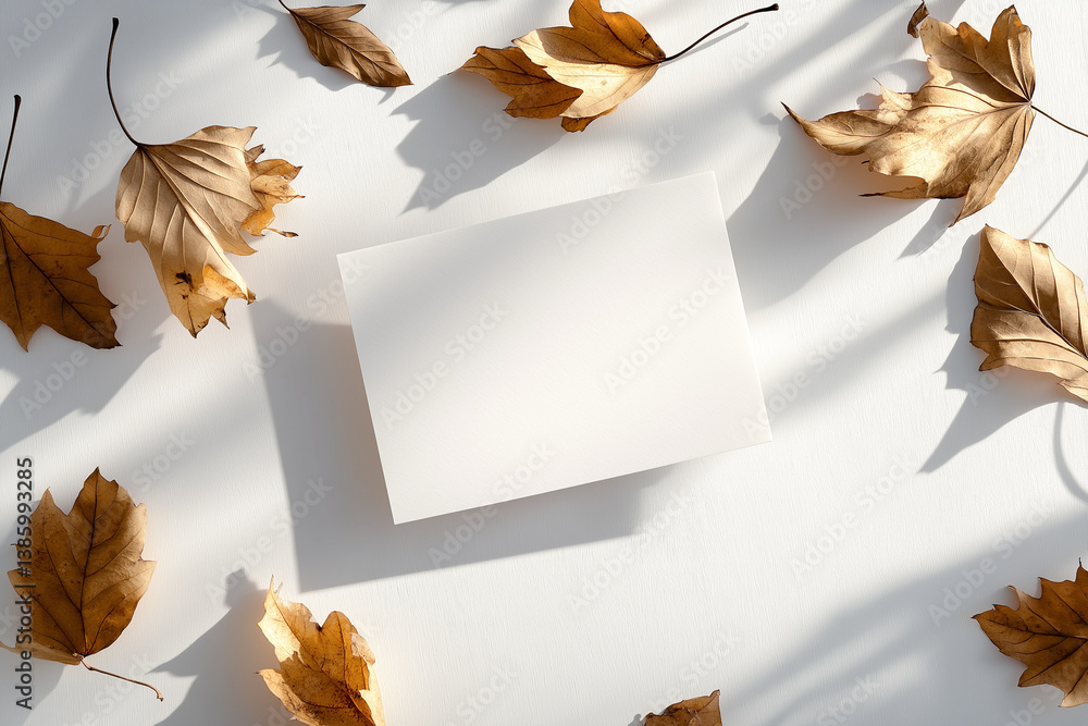 Blank white postcard lying on a white surface surrounded by autumn leaves and soft shadows, evoking seasonal minimalism and creative storytelling.
