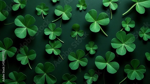 A bunch of green clover leaves on a dark green surface.