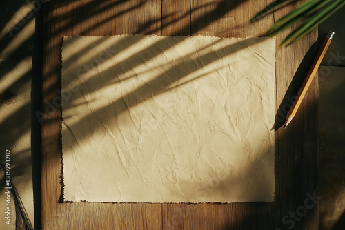 Obraz na płótnie Vintage-style blank piece of paper on a wooden surface with strong sunlight and pencil — perfect for creative writing, branding, or stationery design. w salonie