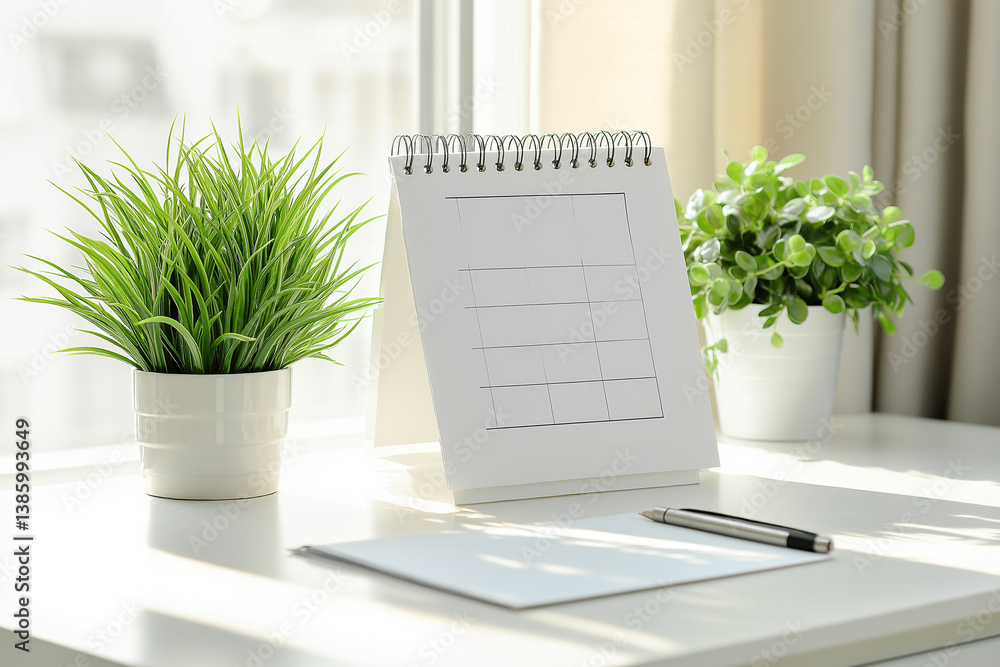 Blank desk calendar on a bright white desk with green plants, notepad, and pen — perfect for planning, productivity, or creative workspace content.