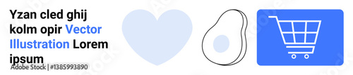 Shopping cart, heart, and avocado icons symbolizing online shopping, wellness, nutrition, and love for healthy living. Ideal for retail, health, lifestyle eco-products food blogs branding
