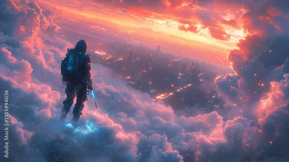 Fototapeta premium Cyberpunk astronaut floating above a futuristic glowing cityscape in the clouds — surreal science fiction concept of space exploration, AI, and digital future.
