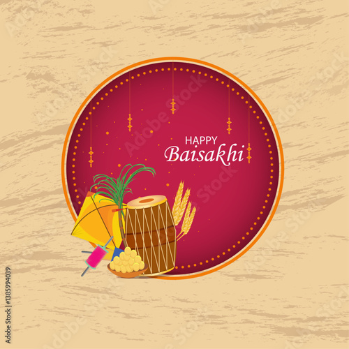 Traditional Happy Baisakhi Square background. Dhol, Bamboo, harvest, kite and ladoo. Realistic digital graphic. Punjabi festival vector illustration.