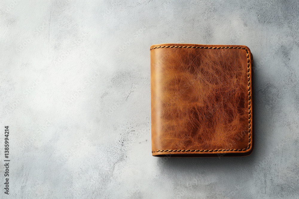 Flatlay of a brown leather wallet on a light concrete surface — ideal for fashion product shots, e-commerce, and minimalist branding layouts.