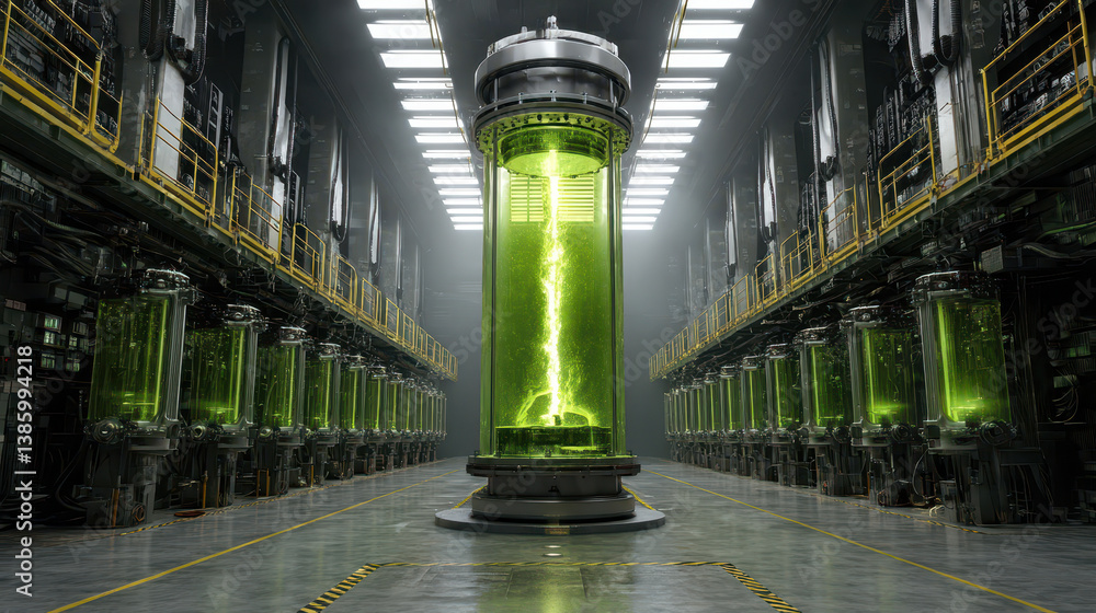 Envisioning a clean energy future with a fusion reactor, glowing plasma, and advanced tech to showcase sustainable power potential
