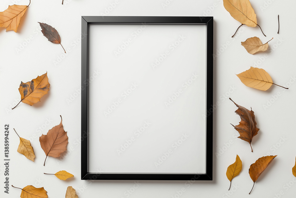 Blank vertical picture frame with fall leaves on white background — ideal for autumn-themed designs, seasonal promotions, or framed art mockups.