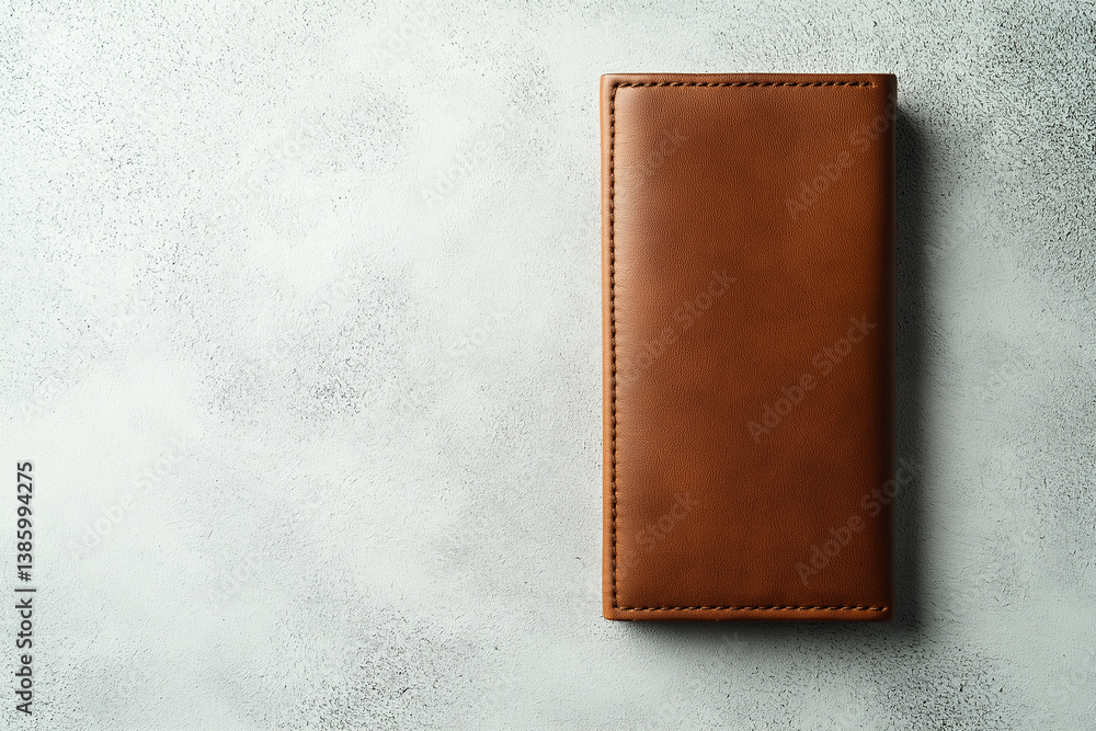 Vertical brown leather wallet on textured surface with minimalist composition — ideal for premium fashion branding, product catalogs, or mockups.