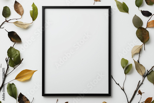 Obraz na płótnie Large black picture frame on a white surface surrounded by autumn leaves and branches — perfect for seasonal artwork, poster mockups, or decor scenes. w salonie