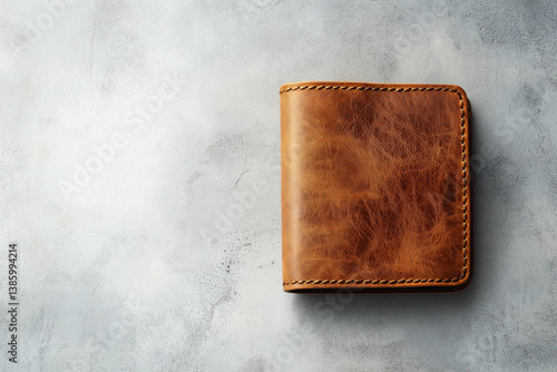 Obraz na płótnie Flatlay of a brown leather wallet on a light concrete surface — ideal for fashion product shots, e-commerce, and minimalist branding layouts. w salonie