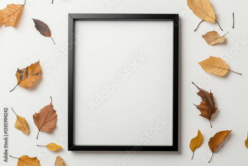 Obraz na płótnie Blank vertical picture frame with fall leaves on white background — ideal for autumn-themed designs, seasonal promotions, or framed art mockups. w salonie