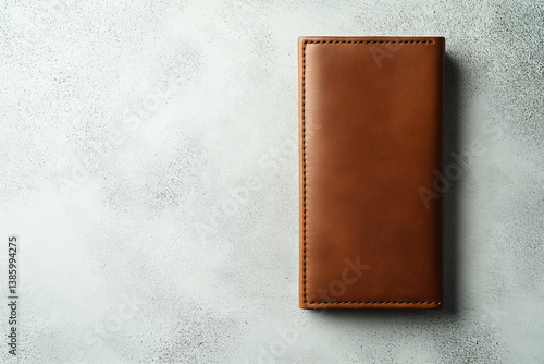 Obraz na płótnie Vertical brown leather wallet on textured surface with minimalist composition — ideal for premium fashion branding, product catalogs, or mockups. w salonie