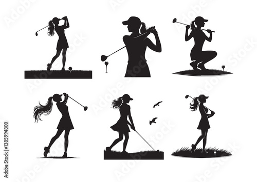 A Woman golfer player Silhouette Vector Set
