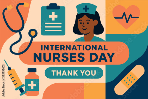 International nurses day celebration design with medical icons and thank you message