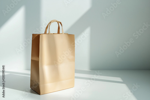 Brown kraft paper bag with rope handles placed on a light blue surface with soft shadows — perfect for packaging mockups or minimal branding scenes.