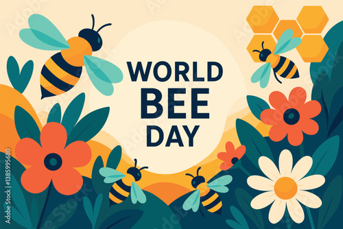 World bee day celebration design with bees, flowers, and honeycomb elements
