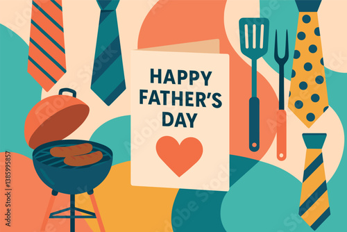 Father's day celebration design with ties, grill, and utensils for greeting cards