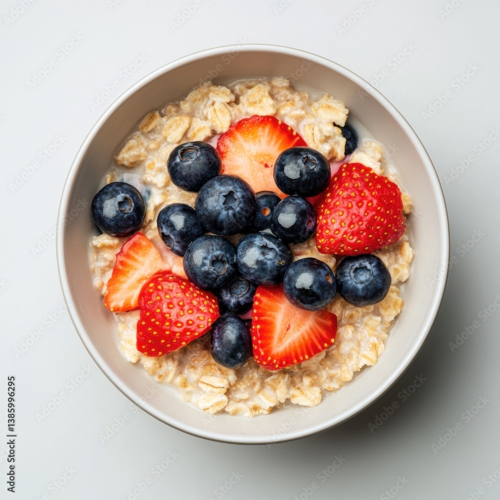 A warm bowl of oatmeal topped with fresh berries and a drizzle of honey. Featuring a wholesome breakfast A warm bowl of oatmeal topped with fresh berries and a drizzle of honey. Featuring a wholesome breakfast
