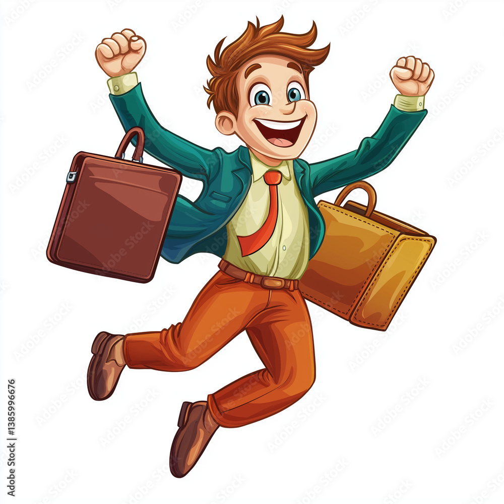 Joyful cartoon businessman in green suit jumping with raised arms — ideal for motivation, leadership, career advancement, or success celebration.