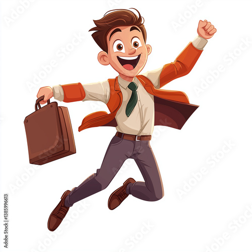 Obraz na płótnie Excited young businessman jumping with a briefcase — cartoon illustration style great for career success, ambition, or business opportunity concepts. w salonie