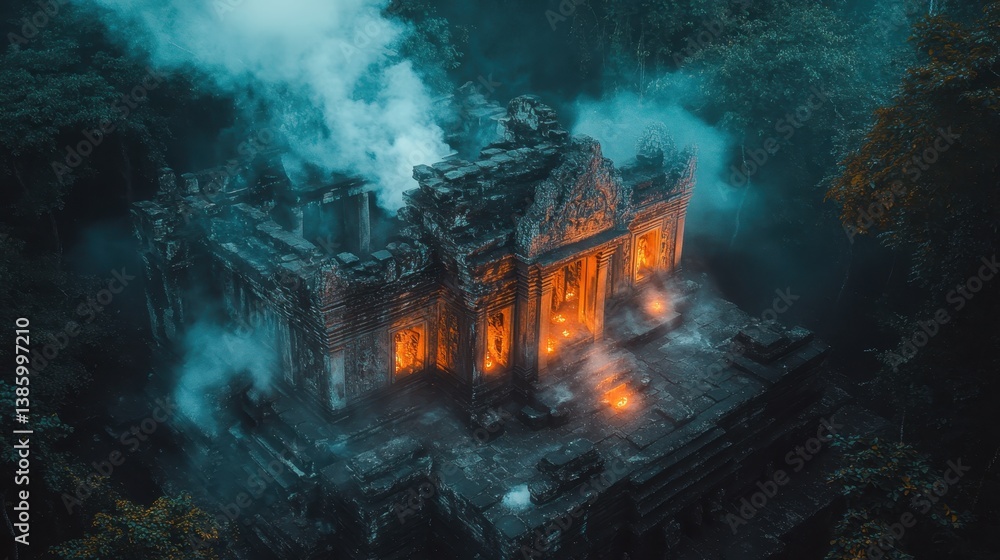 Fototapeta premium Ancient stone structure illuminated by mysterious symbols in a dense jungle landscape during twilight hours
