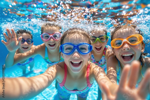 Happy kids underwater in a swimming pool wearing goggles, colorful style, bright blue pool background. Concept of summer fun and childhood joy. Ai generative