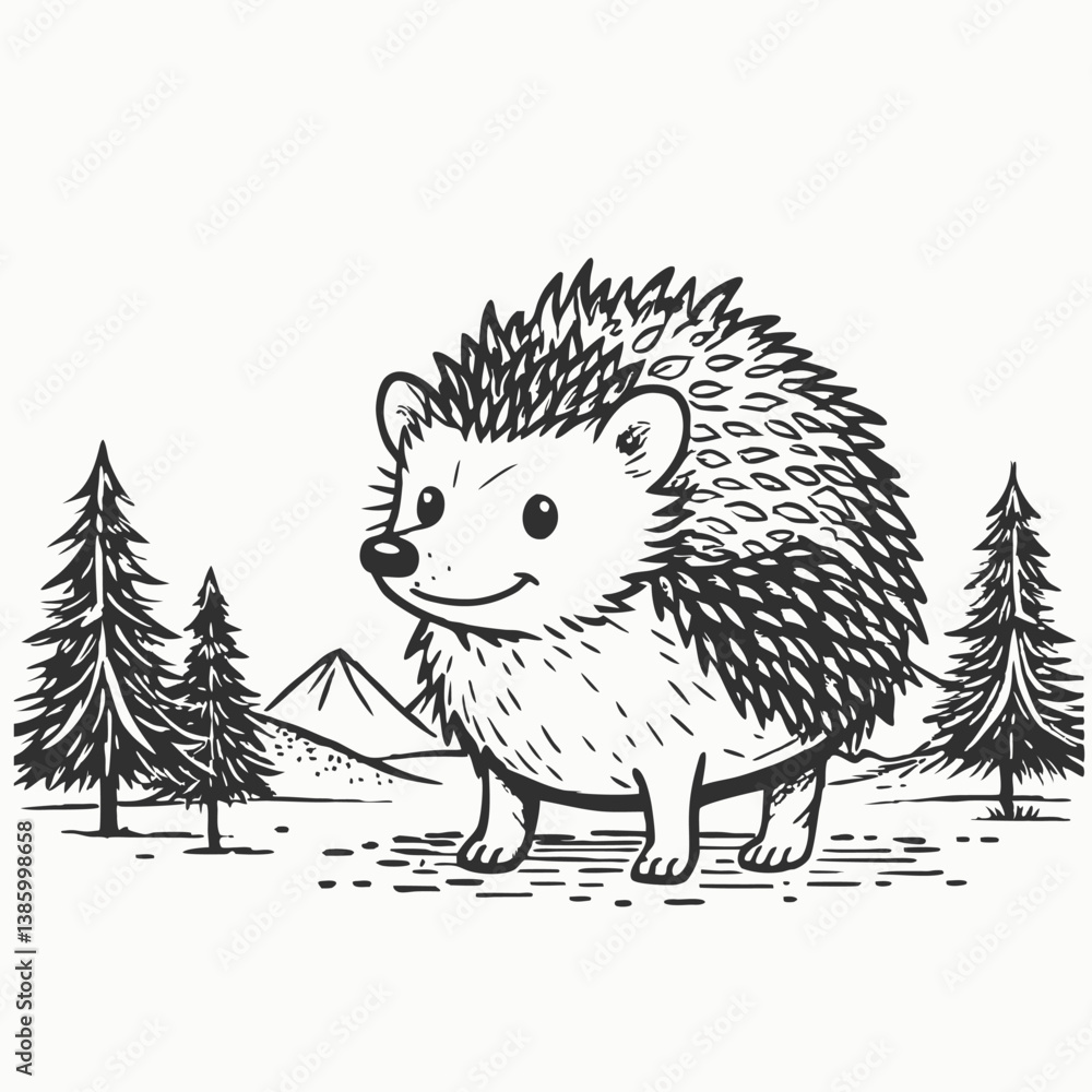 Naklejka premium Cute Hedgehog animal. Prickly hedgehog icon. Wild mammal forest animal character. Hand drawn outline vector sketch illustration on white background