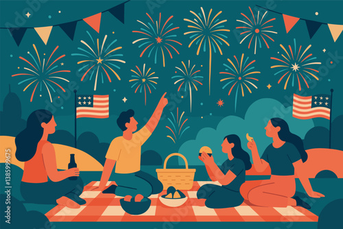 Vibrant independence day celebration with fireworks and picnic scene
