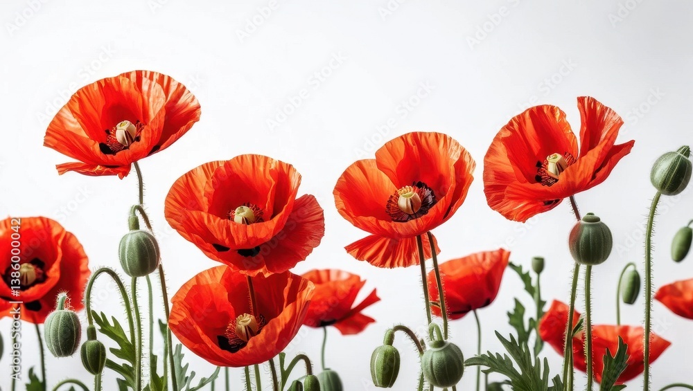 Obraz premium Bright red poppy blossoms against white