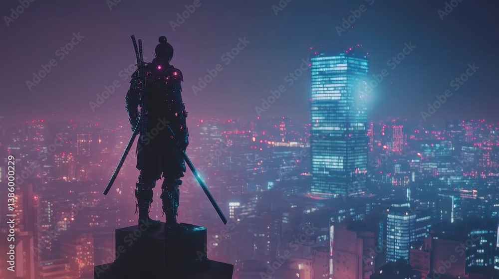 Obraz premium Vigilante stands on rooftop overlooking city during cloudy twilight