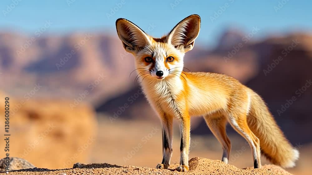 A striking fennec fox stands on sandy terrain, showcasing its large ears against a desert backdrop A striking fennec fox stands on sandy terrain, showcasing its large ears against a desert backdrop
