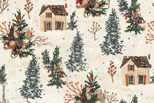 Rustic country christmas cottage with primitive hand sewing fabric effect. border. Cozy nostalgic shabby chic homespun ribbon trim with americana winter handmade crafts style edging.