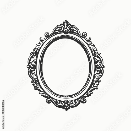 Oval vintage picture frame. Hand drawn victorian retro sketch style. minimalist head logo, Icon, element. Vector illustration