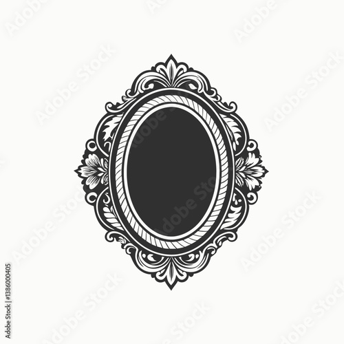 Hand drawn ornamental frame. Outline black ink painting pen hand drawn empty emblem rococo deco artist doodle engrave comic pattern style.
