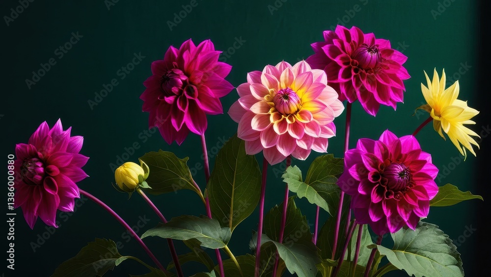 Vibrant dahlia blossoms against deep backdrop Vibrant dahlia blossoms against deep backdrop