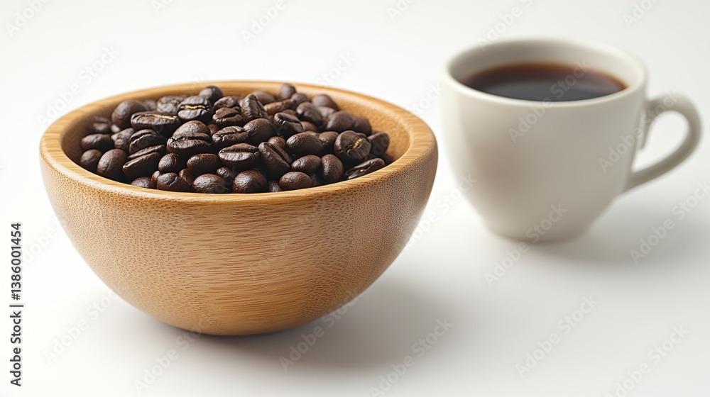 A close-up of a wooden bowl filled with roasted coffee beans, placed on a white surface with a coffee cup nearby A close-up of a wooden bowl filled with roasted coffee beans, placed on a white surface with a coffee cup nearby