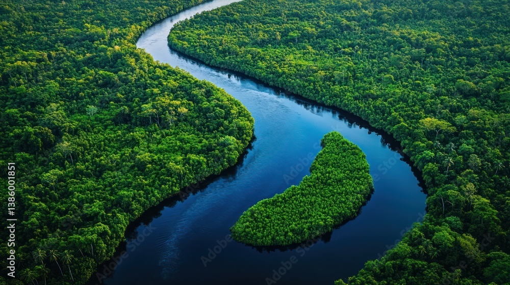 Aerial View of a Serene River Winding Through Lush Rainforest Aerial View of a Serene River Winding Through Lush Rainforest