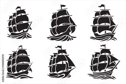 Frigate ship silhouette vector set of a isolated sailing vessel and caravel icons illustration