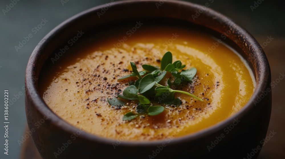 A warm, homemade bowl of soup with vegetables and herbs. Featuring comfort and nourishment A warm, homemade bowl of soup with vegetables and herbs. Featuring comfort and nourishment
